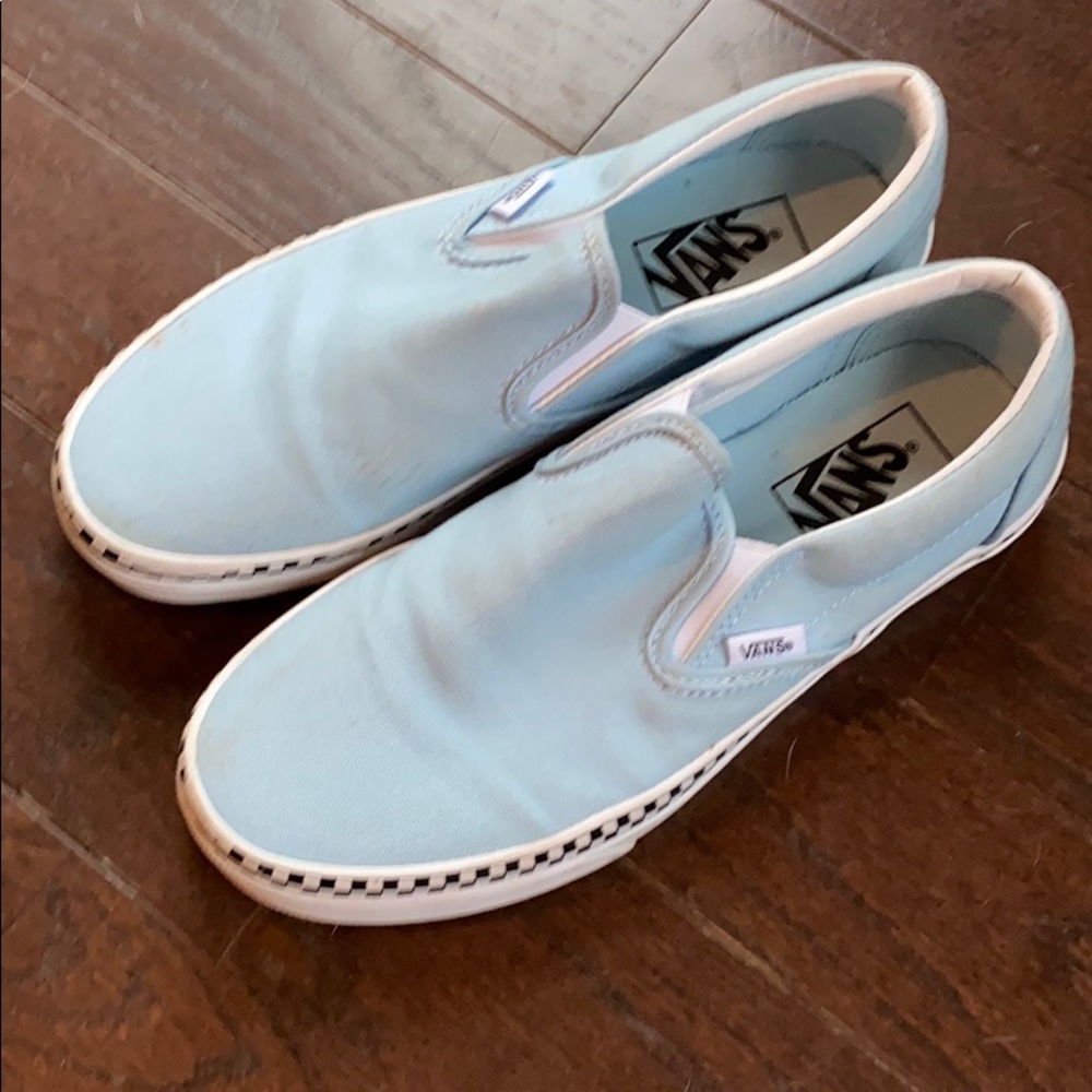 Women’s Light Blue Vans Slip on checkerboard trim